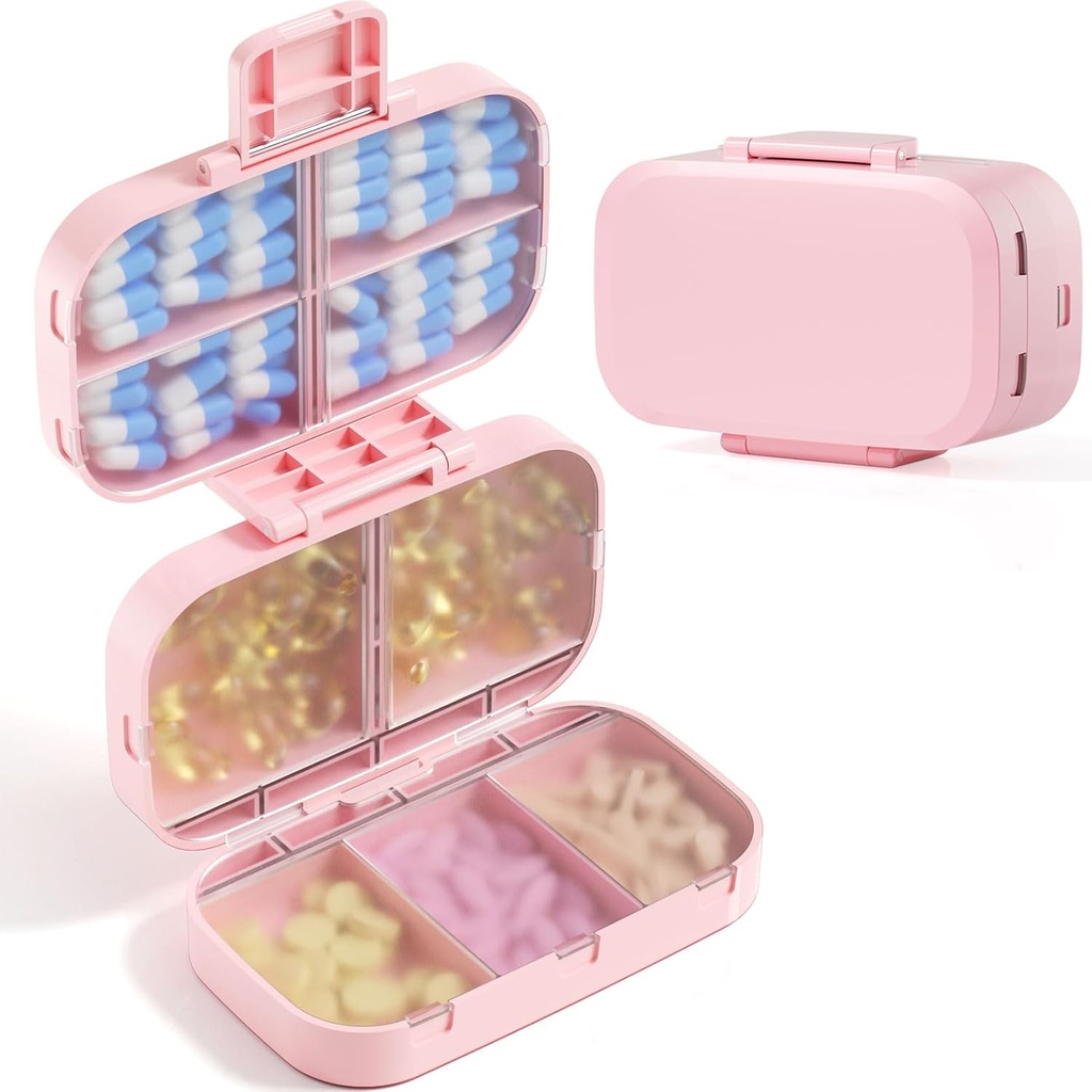 MEACOLIA Triple-Folding Pill Organizer, 9 Compartments Travel Pill Case med stor kapacitet, Daily Pill Box Small Pill Container för Vitamin, Cod Liver Oil, Kosttillskott (rosa)