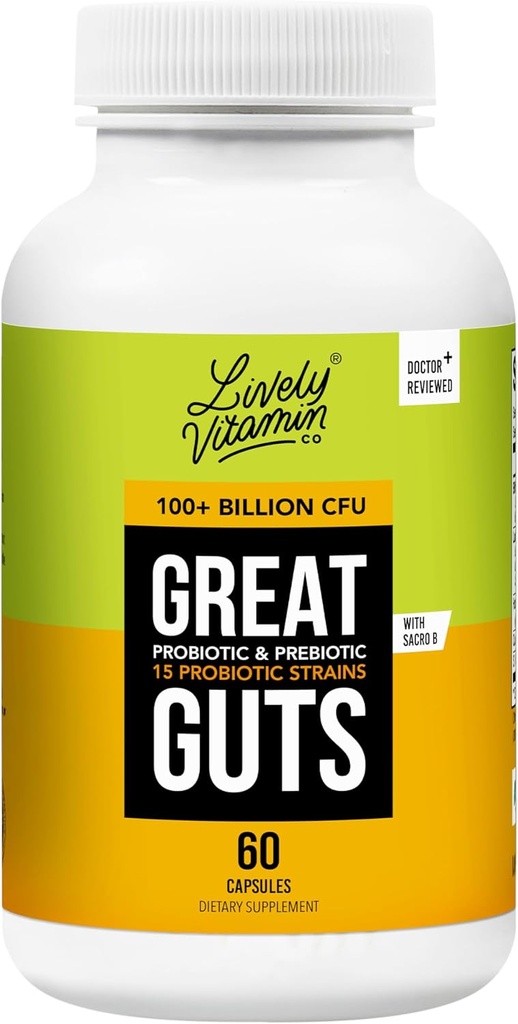 LIVELY VITAMIN CO. Great Guts Probiotic - 100 miljarder CFU Probiotic - Balance Gut Microbiome, GI Tract, Inflammation, Indigestion, Reflux, Upset Stomach och Diarrhea - 60 Caps