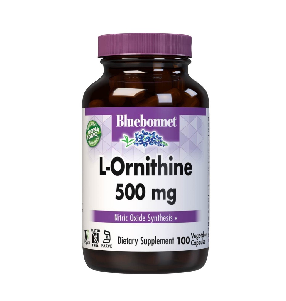 Bluebonnet Nutrition L-Ornithine 500mg, Free-Form Amino Acid, för hälsosam proteinmetabolism *, Soy-Free, Gluten-Free, Non-GMO, Kosher Certified, Vegan, 100 Vegetabiliska kapslar, 100 portioner