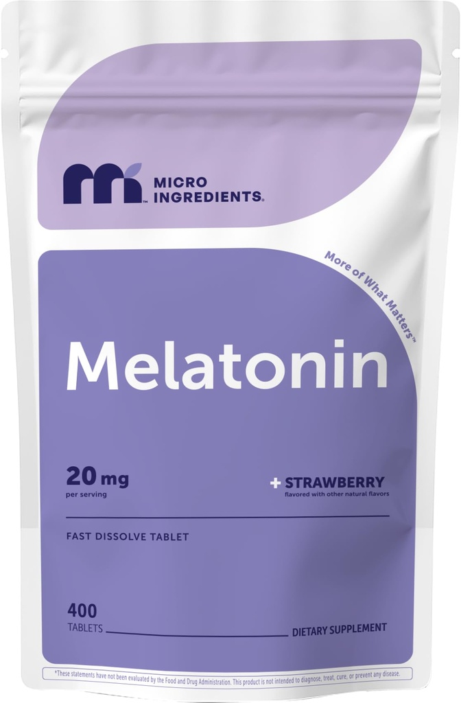 Micro Ingredients Melatonin 20mg, 400 tabletter | Strawberry Flavor | Snabb upplösning | 100% Drug Free | Vegetarian Friendly | Non-GMO, No Gluten, Sugar Free