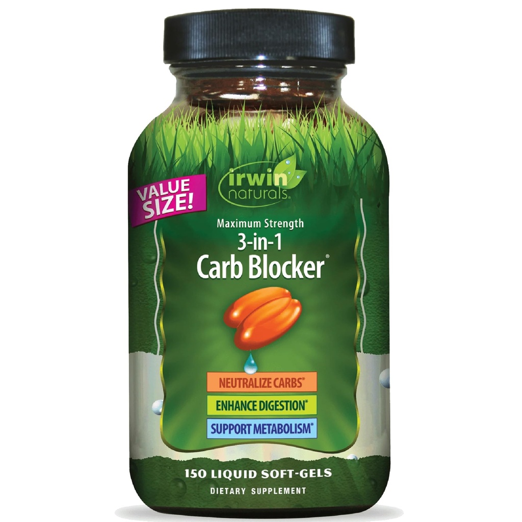 Irwin Naturals Maximal Styrka 3-i-1 Carb Blocker - Neutralisera kolhydrater och stöd Metabolism - 150 flytande Softgels