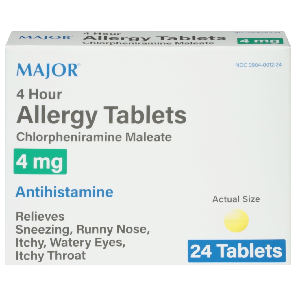MAJOR 4 timmars allergi tabletter - klorfeniramin Maleate 4mg - Antihistamin - 24 greve (1 Pack)