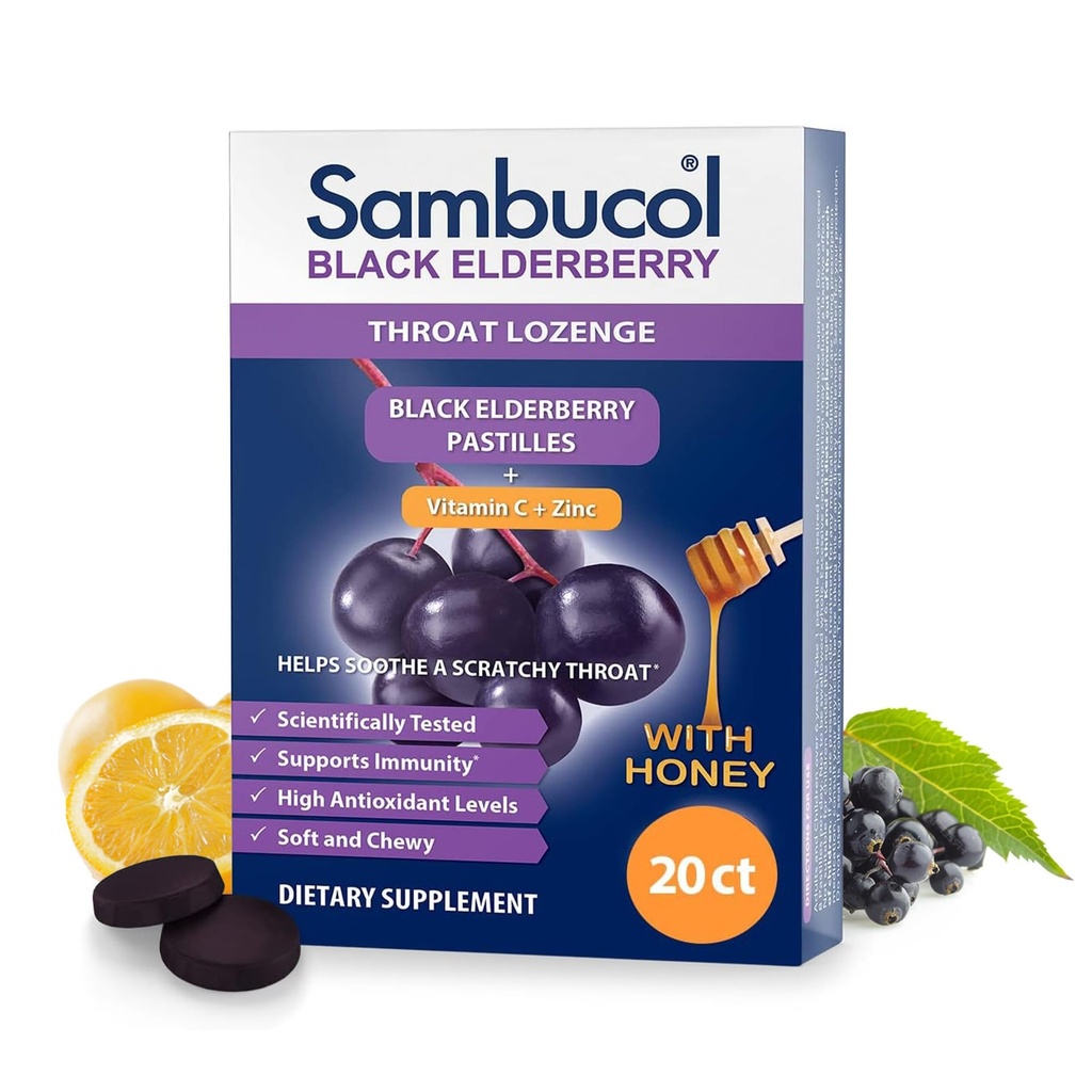 Sambucol Black Elderberry Throat Lozenge - Sambucus Elderberry Lozenges med vitamin C, Zink & Honey, hjälper lugna en skrapig hals, höga antioxidanter, glutenfri - 20 greve