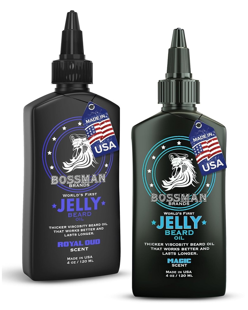 Bossman Jelly Beard Oil för Män Bundle | 2 Pack, 8 oz (Magic + Royal Oud Scents) | Softens, Moisturizes & Conditions with Natural Ingredients - Tillverkad i USA