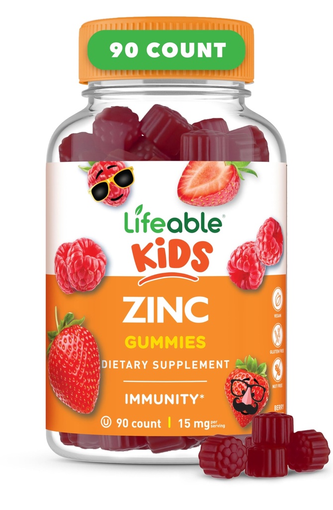 Lifeable Zinc Gummies for Kids |15mg | Great Tasting Kids Zinc Supplements | GMO Free Vegetarian Zinc Vitamins | for Healthy Skin and Immune Support for Kids and Children | 90 Gummies