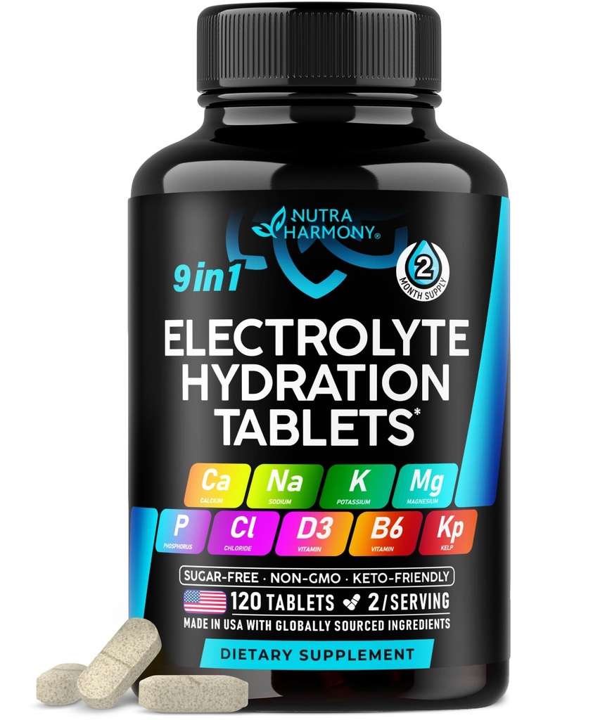 Electrolytes - Electrolyte tabletter med magnesium, natrium, kalium, klorid, vitaminer D3 & B6, Kelp Powder - Salt Pills - Made in USA - Oral tabletter som kapslar - Vegan & Keto Friendly - 120 flikar