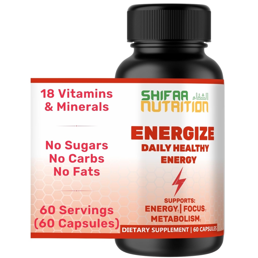 SHIFAA NUTRITION Energize, Natural Daily Energy Vitamins | Jitter-Free, 60 Servings | Stöder Fokus, Mood, Brain, Metabolism | w / koffein & Taurin, B1, B2, B5, B6, B7, B9, B12 Hal Vitaminer