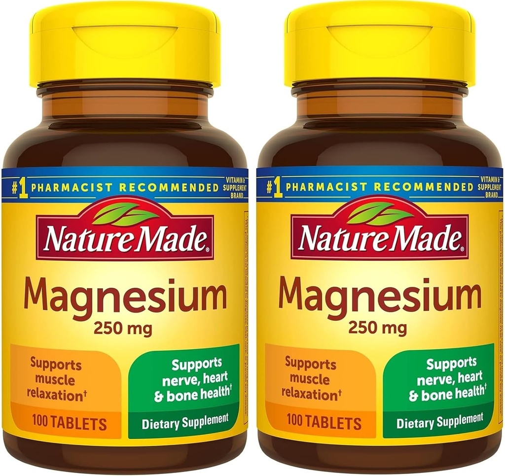 Nature Made Magnesium Oxide 250 mg, Kosttillskott för muskel, hjärta, ben och Nerve Health Support, 100 tabletter, 100 Day Supply (Pack of 2)