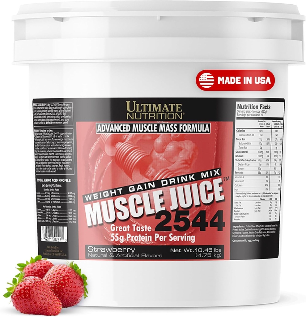 Ultimate Nutrition Muscle Juice, Weight Gain Drink Mix - Mass Gainer Workout Powder för män och kvinnor - Tillägg för Lean Muscle Growth & Immune Support med 55g Protein - Strawberry, 10.45lb