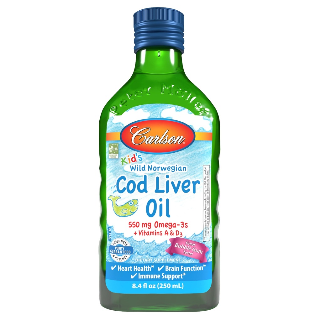 Carlson - Kid's Cod Liver Oil, 550 mg Omega-3, Vitamin A & D3, Wild Norwegian, Bubble Gum, 250 ml