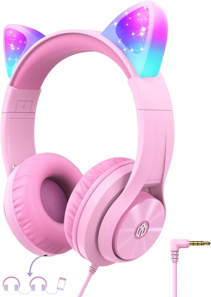 iClever Kids Headphones med Cat Ear Led Light Up, Safe Volume Limite, FunShare, Foldable, Over-Ear Headphones för barn för skola / iPad / Tablet / Travel, Meow Donut-Pink