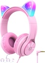 iClever Kids Headphones med Cat Ear Led Light Up, Safe Volume Limite, FunShare, Foldable, Over-Ear Headphones för barn för skola / iPad / Tablet / Travel, Meow Donut-Pink