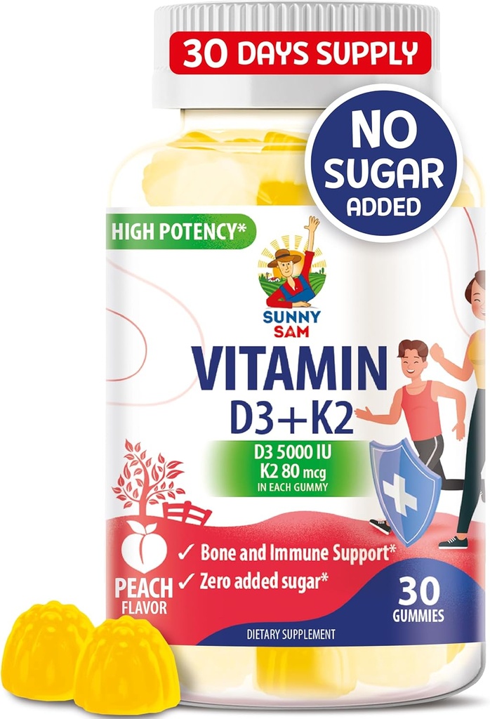 Sockerfri vitamin D3 K2 Gummies 5000 IE - Immune & Bone Support Gummies - Vitamin D Gummy Supplement för vuxna - High-Absorption, Vegan, Halal, Gluten-Free Chewable Vitamins