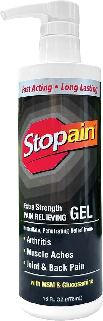 Stopain Pain Relief Gel 16oz, USA Made, Max Strength Fast Acting with Menthol, MSM, Glucosamine for Joint Pain, Back Pain, Arthritis, Knee, Neck Pain, HSA FSA Godkänd OTC Topical Analgesic Product