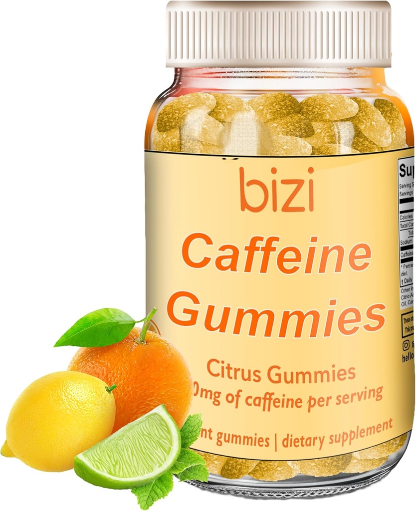 Bizi koffein gummies för män och kvinnor, energi tillskott för att öka fokus, koffein gummi för vuxna, 30 mg koffein per gummi, Citrus smak (60 ct)