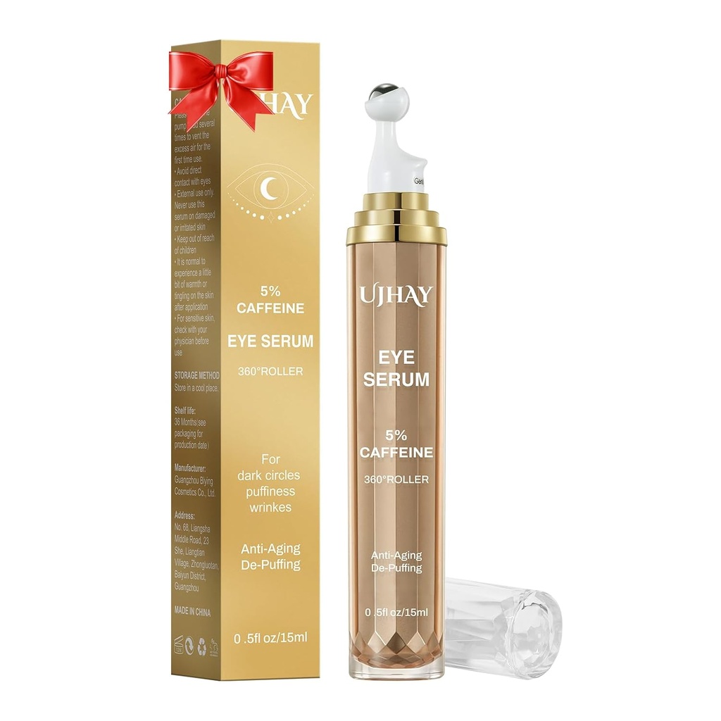 5% Caffeine Eye Cream, Under Eye Serum för mörka cirklar, Puffiness & Wrinkles Fine Lines, Eye Roller Serum med 360° Massage Ball, Eye Treatment Balm för män och kvinnor