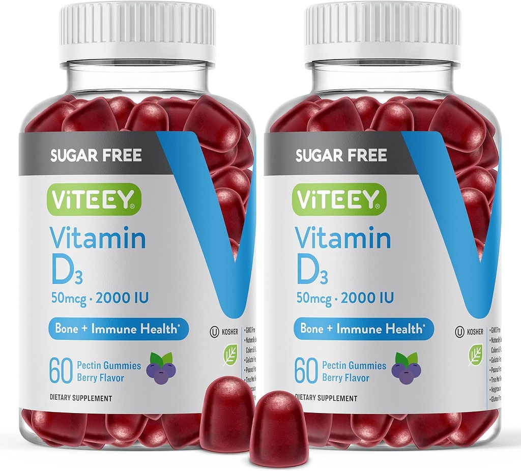 Viteey Vitamin D3 Gummies för vuxna och tonåringar - 2 000 IE, 50mcg - Sugar Free, Bone, Joint & Muscle Health, Immune Boost - Vegetarian, Gelatin Free, GMO Free - Tasty Chewable Berry Flavored Gummy