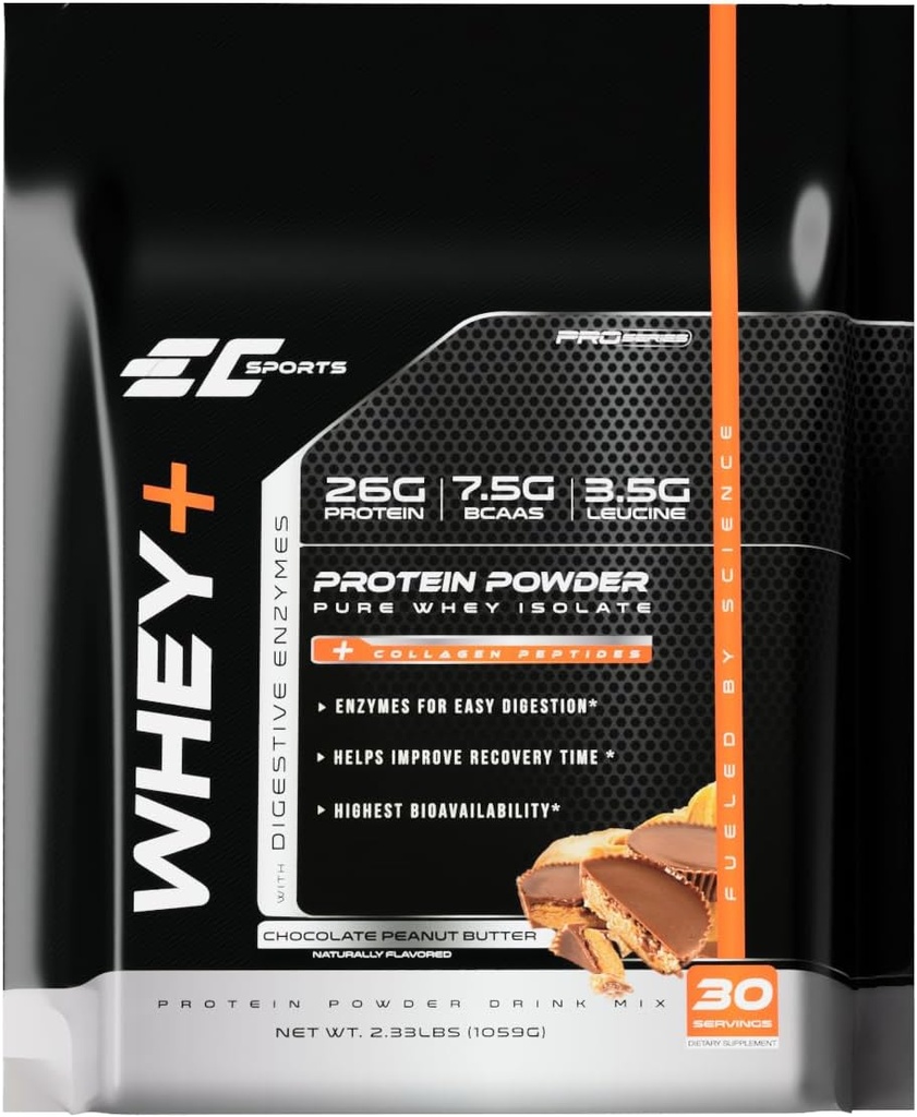EC Sports Whey+ Protein Powder, Chocolate Peanut Butter Mix w/Digestive Enzymes - Isolate Supplement, Collagen Peptides w/Swift Reform - 30 portioner