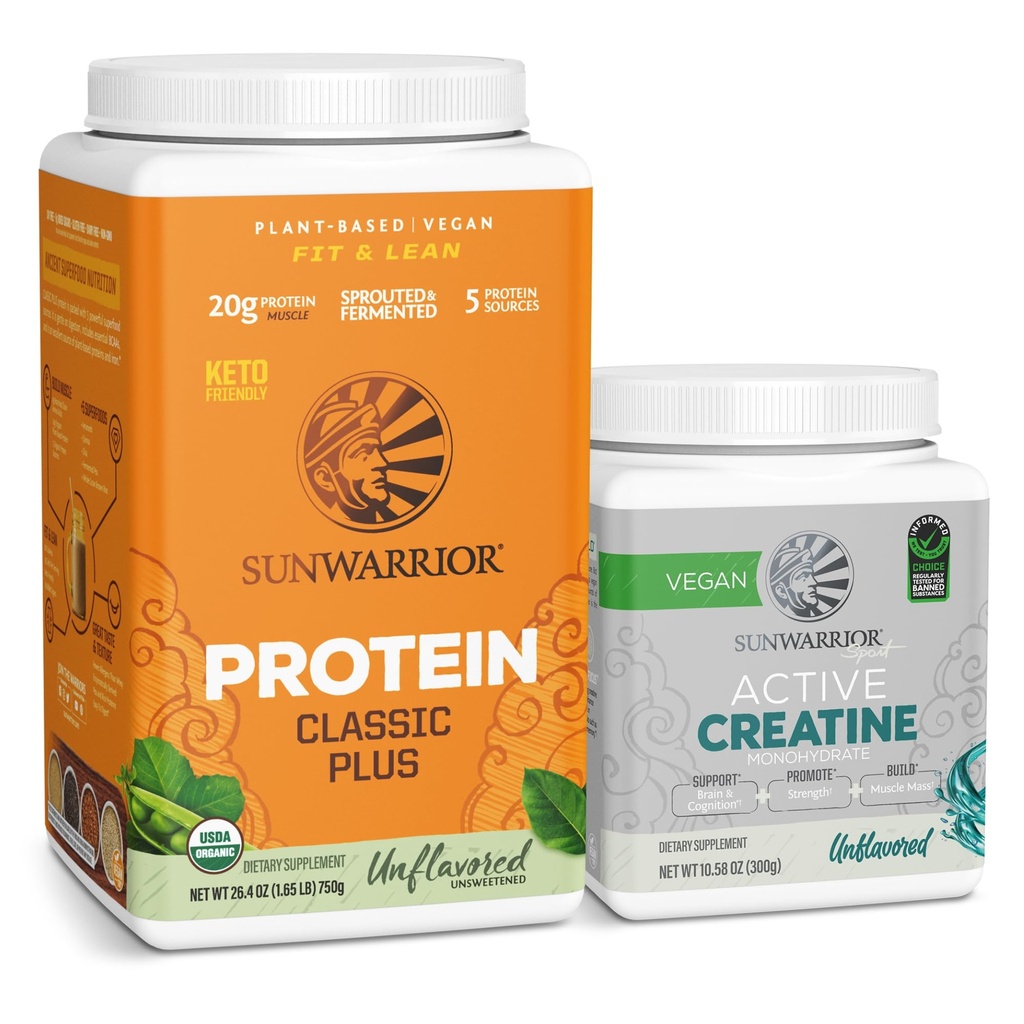 Sunwarrior Vegan Protein Powder | Osmakad, 30 portioner och kreatinmonohydratpulver | Osmakad, 60 portioner