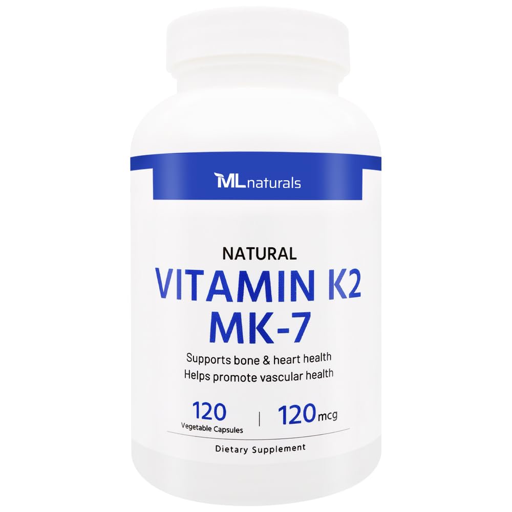 ML Naturals Natural Vitamin K2 MK-7 120 mcg 120 Vegetable Capsules. Natural MK-7/99% All-Trans MK-7. Stöder Ben & Hjärthälsa, hjälper till att främja vaskulär hälsa, NSF-Certified & CGMP-Compliant.