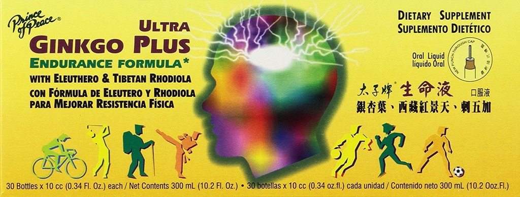Prince of Peace Ultra Ginkgo Plus, 30 flaskor, 0,34 m. oz. Varje - Brain Boost Supplement - Stöd för aktiva livsstilar - Ginkgo Biloba för uthållighet