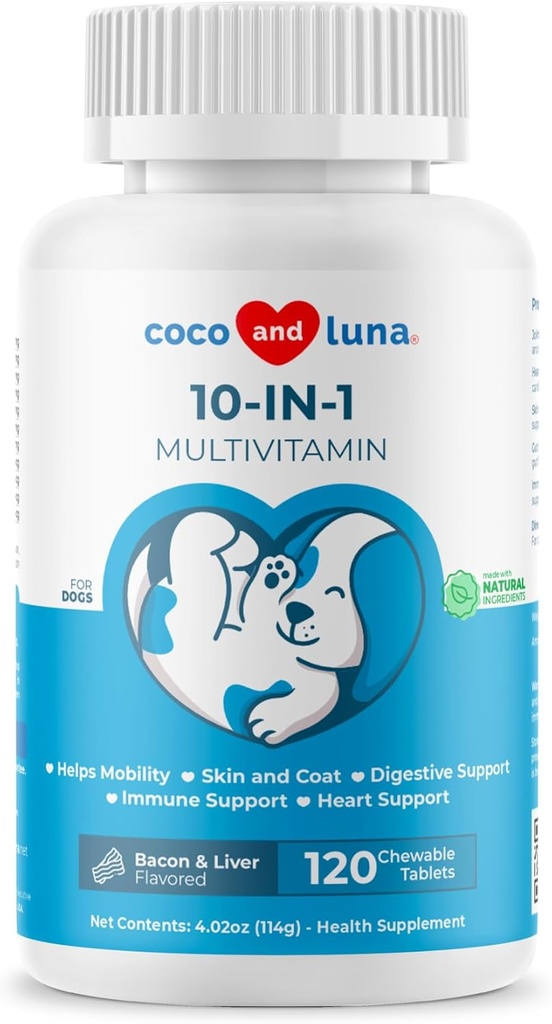 10 i 1 multivitamin för hundar - 120 tuggbara tabletter med glukosamin och chundroitin - fiskolja och vitaminer med Coq10 för hud och hjärthälsa, gut & immunsupport