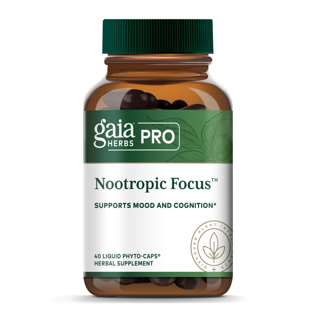 GAIA HERBS PRO Nootropic Focus - Brain Health Support Supplement* - Nootropic Supplement med Saffron, Ginkgo Leaf Extract & Lemon Balm - Vegan, Gluten-Free - 40 Liquid Phyto-Caps (20 portioner)