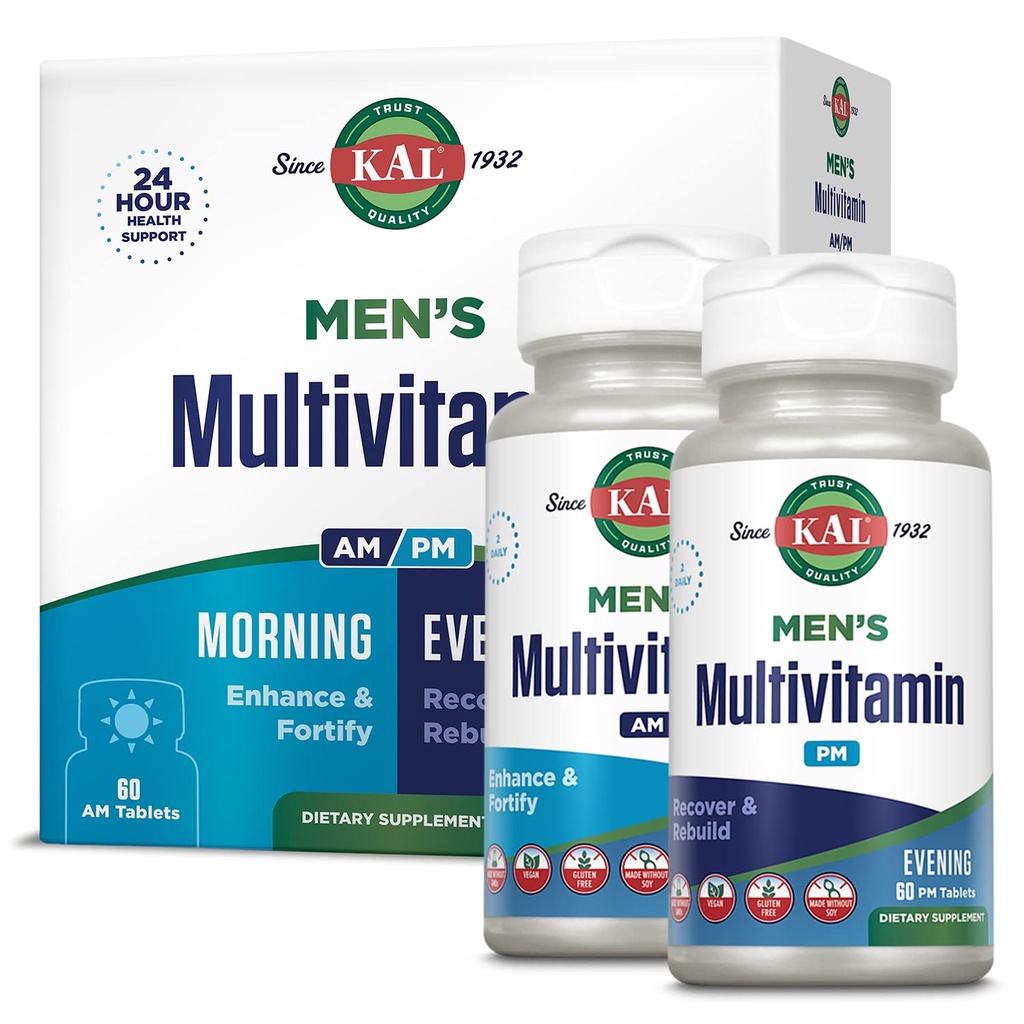 KAL Mäns Multivitamin AM/PM, Antioxidanter Supplement, Muscle, Immune, Electrolyte Balance, Overall Wellness Support, Made Without GMOs and Soy, Vegan, 30 Servings, 120 Tablets