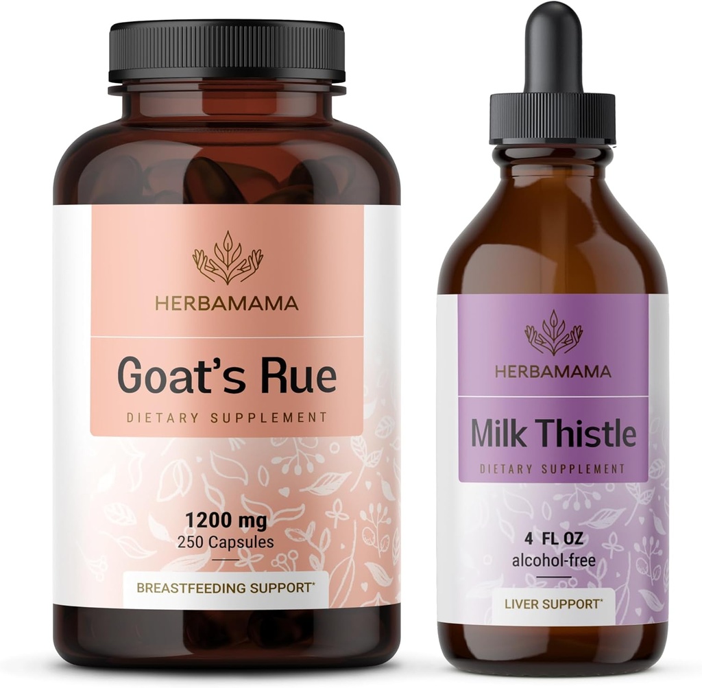 HERBAMAMA Goats Rue and Milk Thistle Kit - Bundle på 1200 mg Goats Rue Capsules & Milk Thistle Liver Detox Drops 4 fl oz - Vegan, Non-GMO, Sugar & Alkoholfri - 2 Pack
