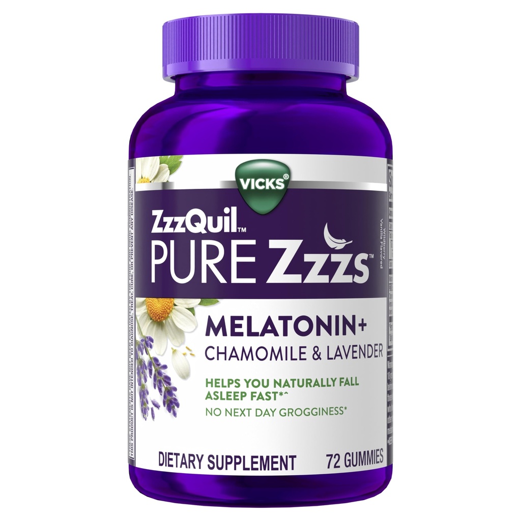 ZzzQuil PURE Zzzs Melatonin Gummies, Sleep Aid, Melatonin 2mg, med Chamomile & Lavender, Melatonin Sleep Gummies, Sleep Aids för vuxna, Wildberry Vanilla smaksatt, 72 Sleep Gummies