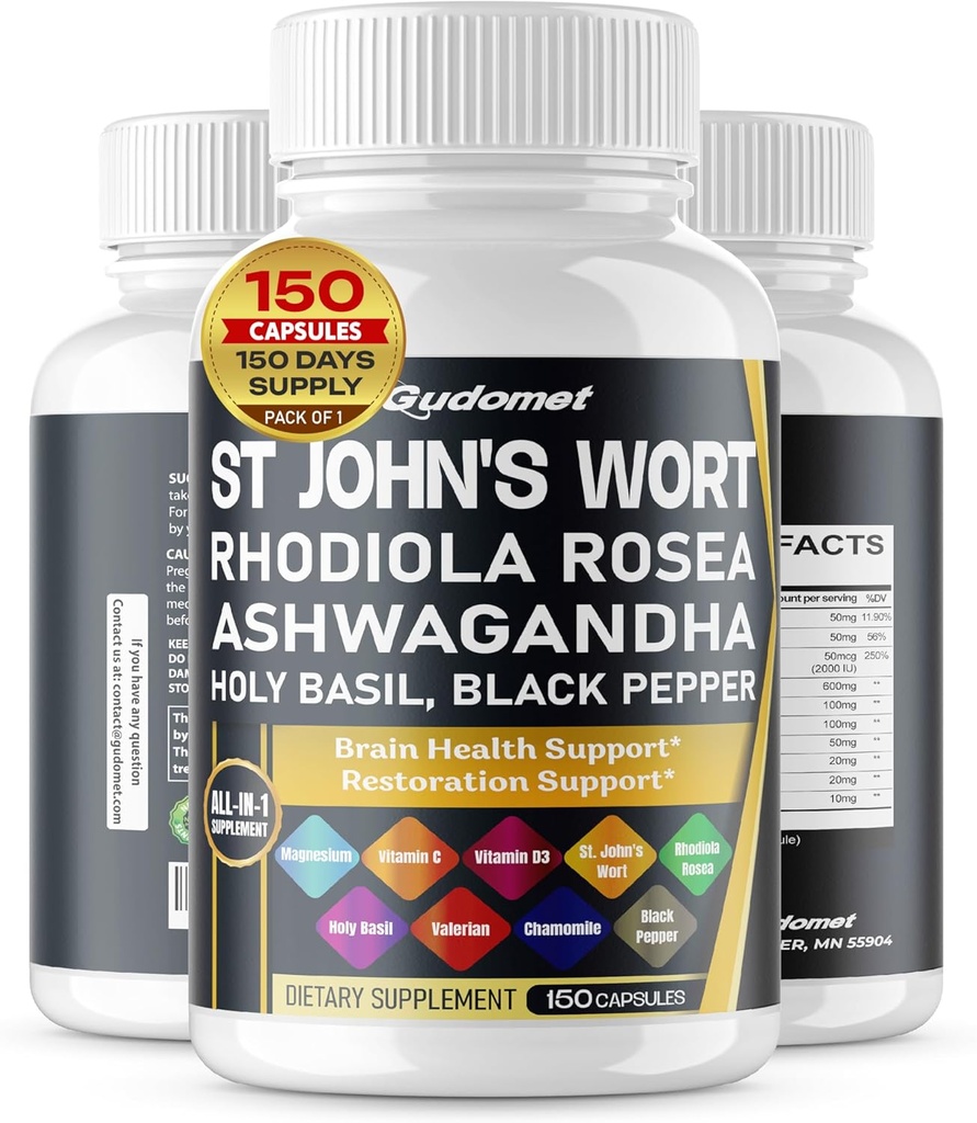 St John's Wort Rhodiola Rosea Ashwagandha Holy Basil Valerian Chamomile Black Pepper -150 kapslar - Made in USA
