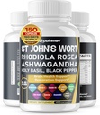 St John's Wort Rhodiola Rosea Ashwagandha Holy Basil Valerian Chamomile Black Pepper -150 kapslar - Made in USA