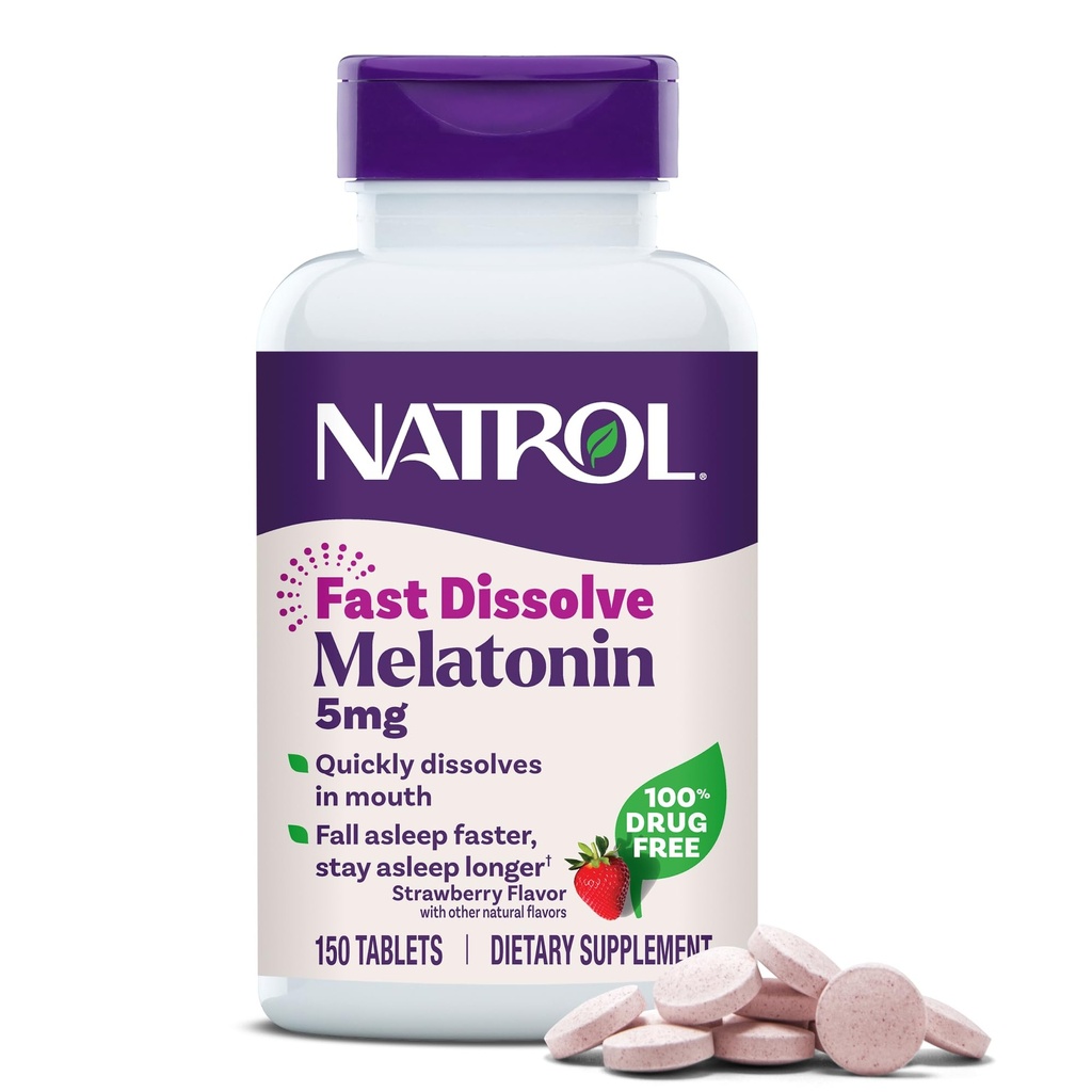 Natrol Melatonin 5mg Snabbupplösta tabletter, sömnstödstillägg för vuxna, jordgubbsmak, 150 tabletter, upp till 150 dagars leverans