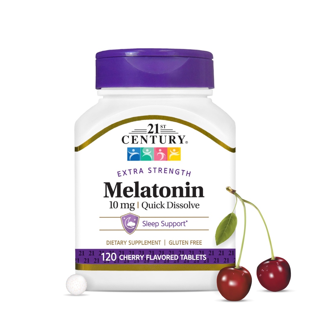 21st Century Melatonin 10mg Extra Strength, 120 greve, snabbt lösa sömnhjälp för vuxna, främjar avkoppling och livlig sömn, icke-vanlig formning, glutenfri, körsbär smak