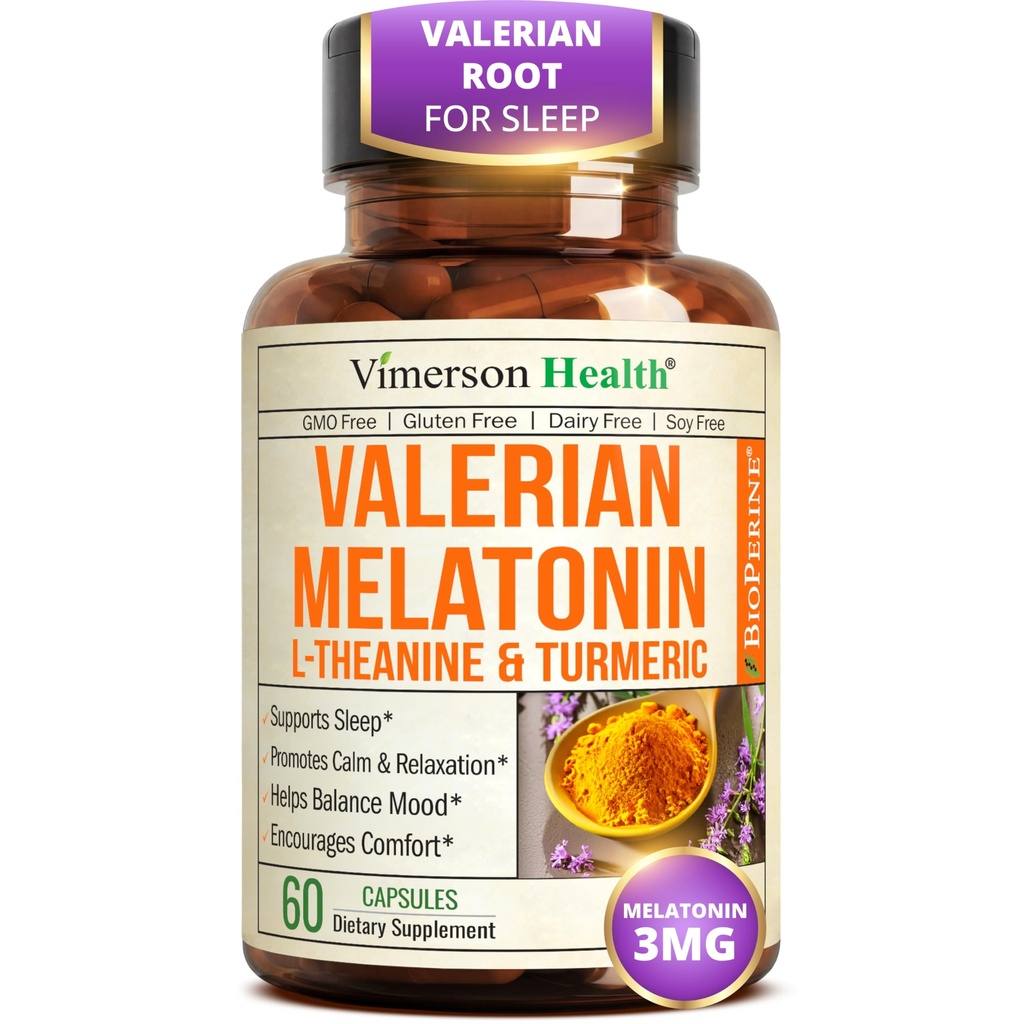 Melatonin 3mg Sleep Aid med L-Theanine & Valerian Root - gurkmeja Curcumin Supplement med Ginger & Black Pepper - Organisk gurkmeja Supplement för sömn, lugn och stressavlastning - 60 kapslar