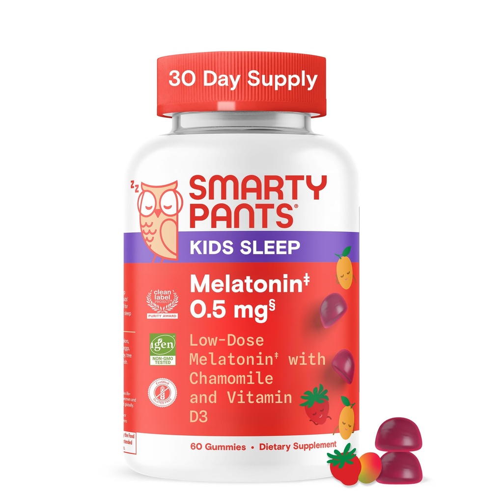 SmartyPants Kids Sleep Gummies Supplement med Melatonin 0,5 mg: Chamomile & Vitamin D3, Sleep Aid, Strawberry Mango Flavor, 60 Count