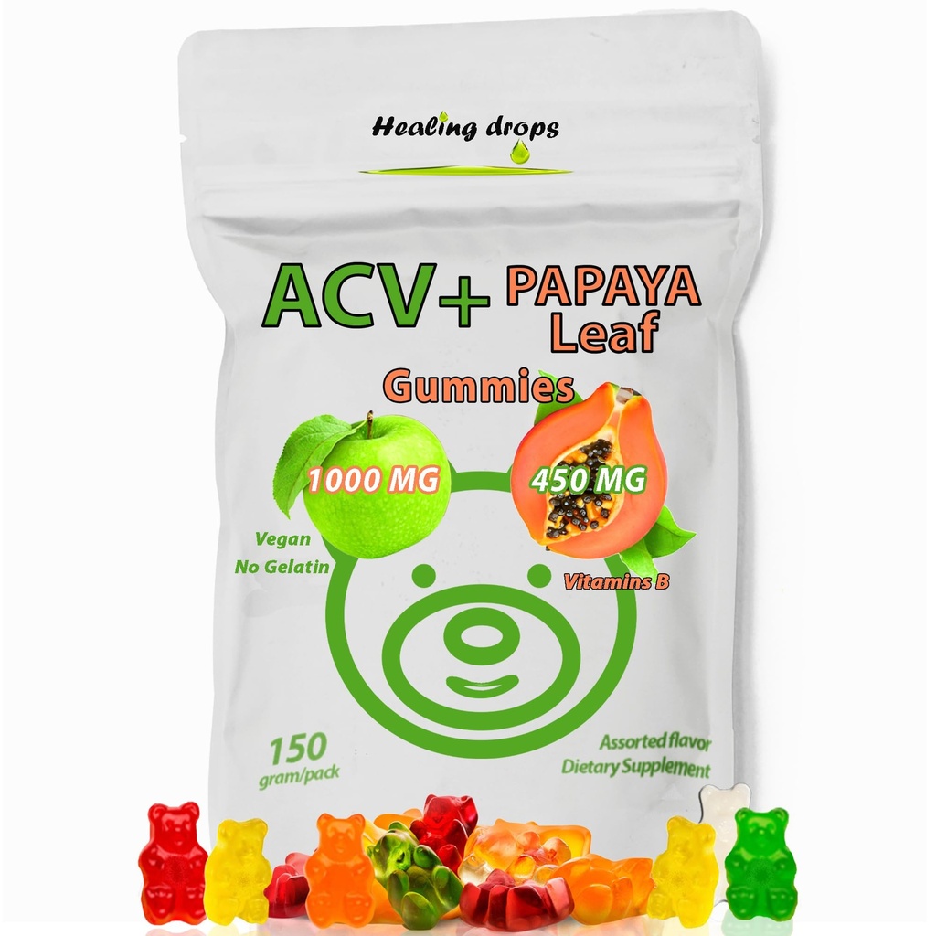 ACV Gummies & Papaya Leaf Extract Gummies - Premium Potent Apple Cider Vinegar Supplement - Iodine Infused & Vitamins B6 B12 - Platellets Hair Skin & Heart Friendly (1, Regelbunden)