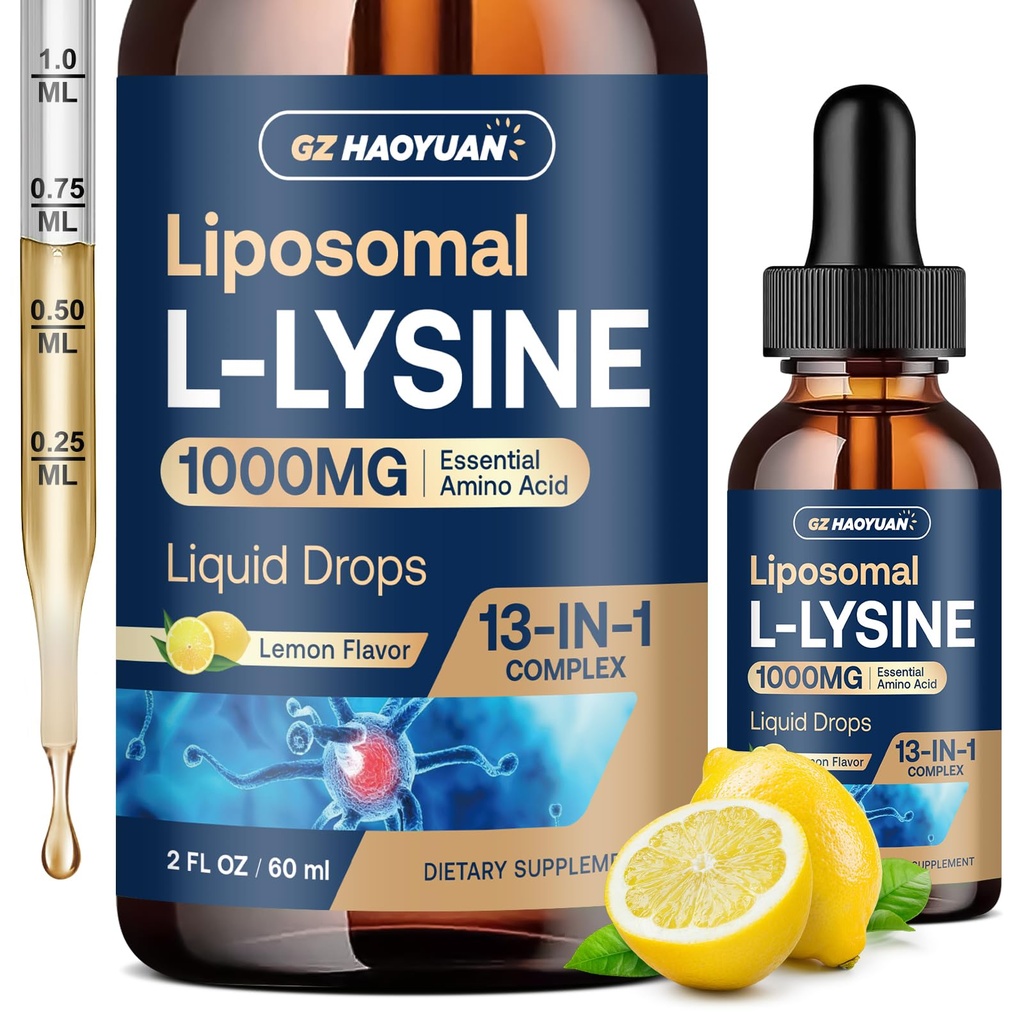 Liposomal L-lysin 1000MG Liquid Drops, 13-i-1 Lysine Supplements - Monolaurin, Olive Leaf Extract med vitamin C, B6, D3, B12 & Zink för Collagen, Lip, hud & Immune Support för barn & vuxna, 2oz