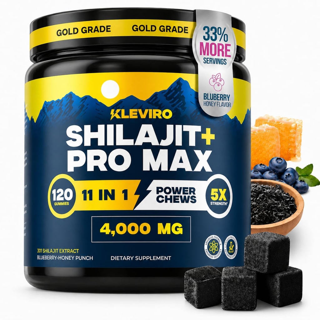 KLEVIRO 30:1 Shilajit Gummies för Män | 78% Fulvic Acid | 11-i-1 Komplex med Ashwagandha, Tongkat Ali, Manuka Honey, Rhodiola, Lion's Mane | No Added Sugar | GMP Certified & Lab Tested