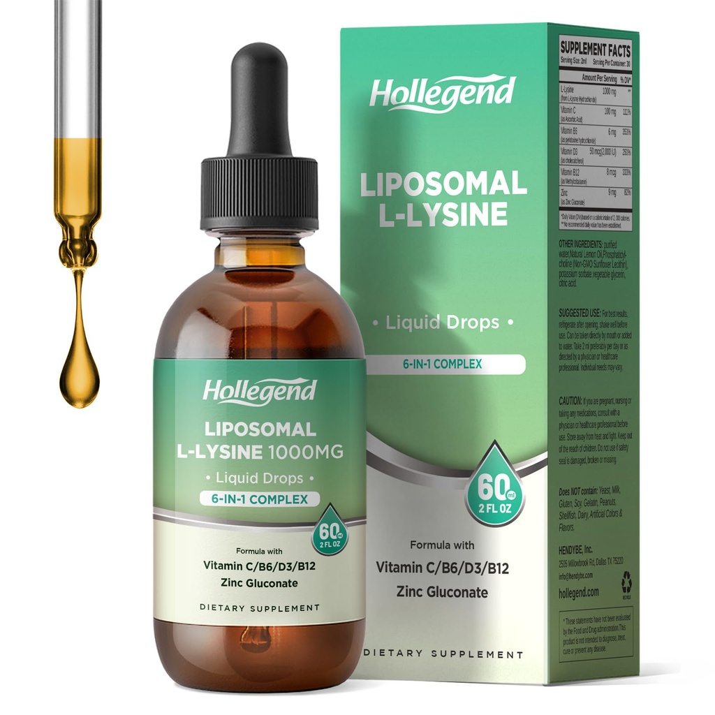 Liposomal L-lysin 1000MG Liquid Drops, Lysine Supplement för kvinnor och barn med vitamin C, B6, D3, B12 & Zink Gluconate, Skin & Lip Health, Immune & Collagen Production Support, Lemon Flavor, 2 fl oz