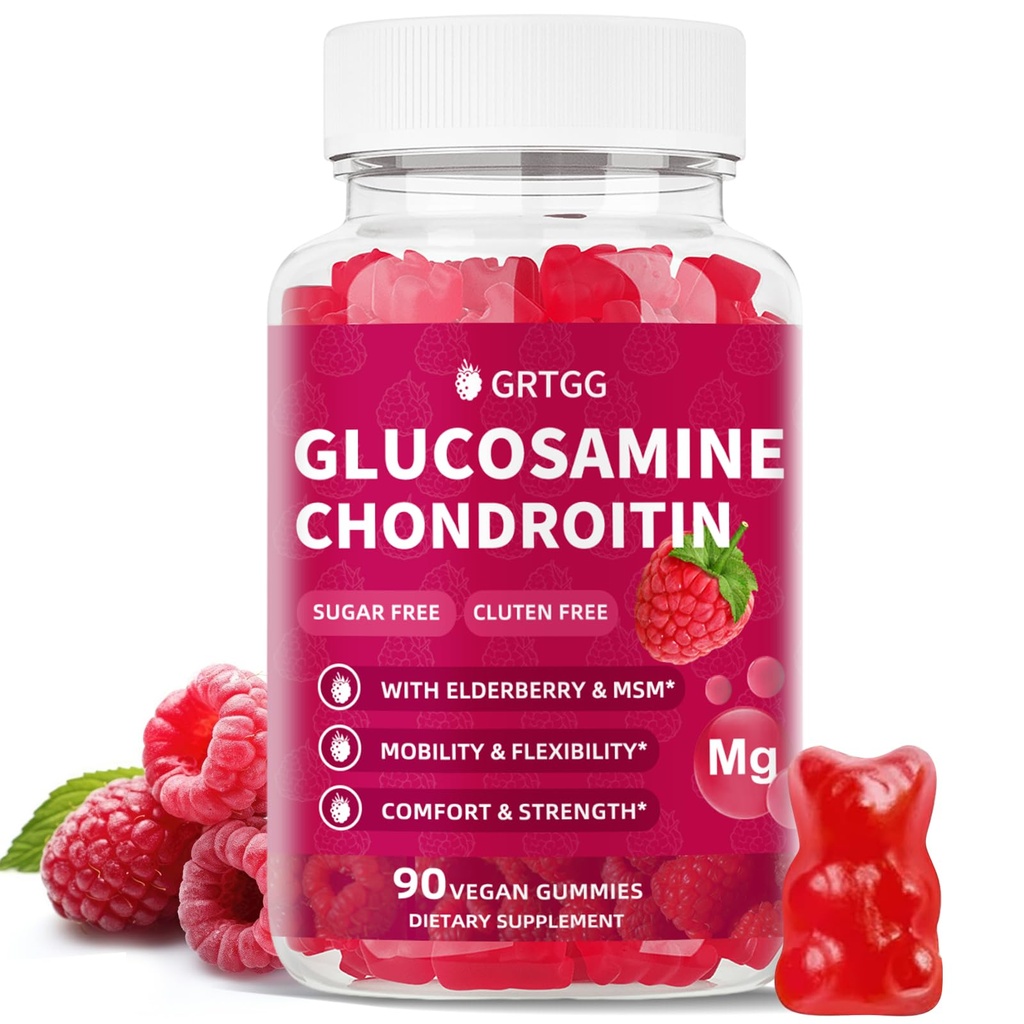Glukosamin Chondroitin Gummies med MSM & Elderberry Extra Strength 3000MG - Gemensamt stöd, Antioxidant Immune Support Supplement för vuxna, Män & Kvinnor - 90 Raspberry Gummies