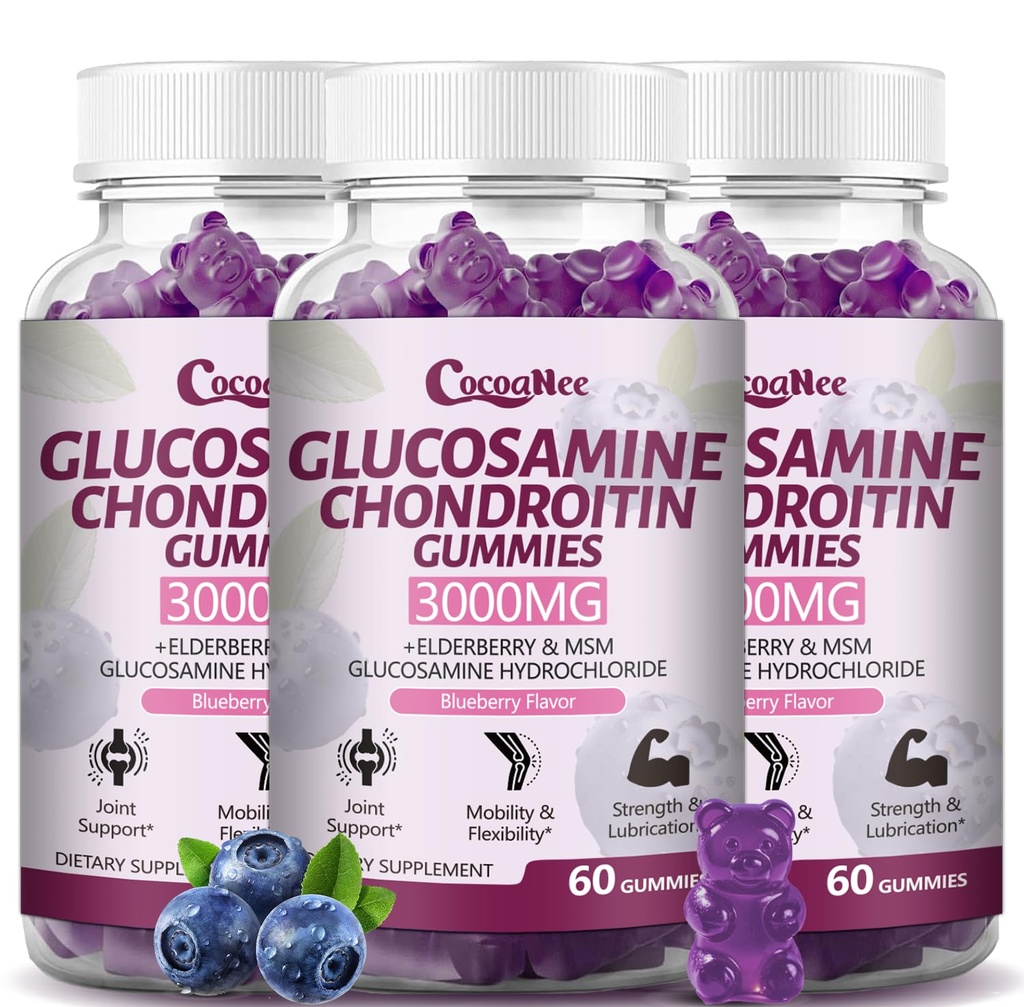 3 Packs 3000MG Glukosamin Chondroitin Gummies, Extra Strength Joint Support Supplement med MSM & Elderberry, Flexibilitet, Antioxidant Immune Support Gummy för vuxna, Män & Kvinnor 180Cts