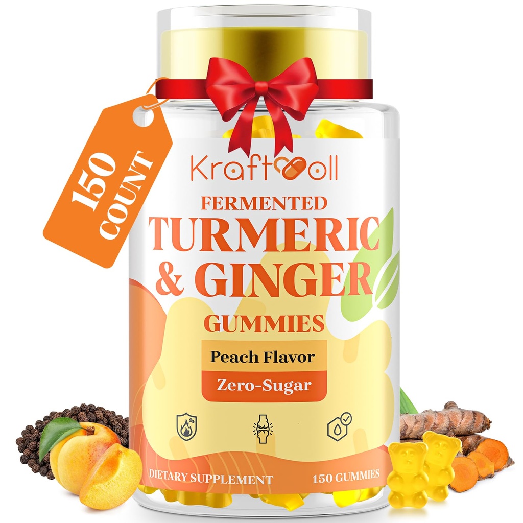 5 månaders försörjning gurkmeja och ingefära gummies med svartpeppar, fermenterad gurkmeja för gemensam komfort och rörlighet, sockerfri med vitamin D3 + K2, naturlig persika smak - 150 gummies