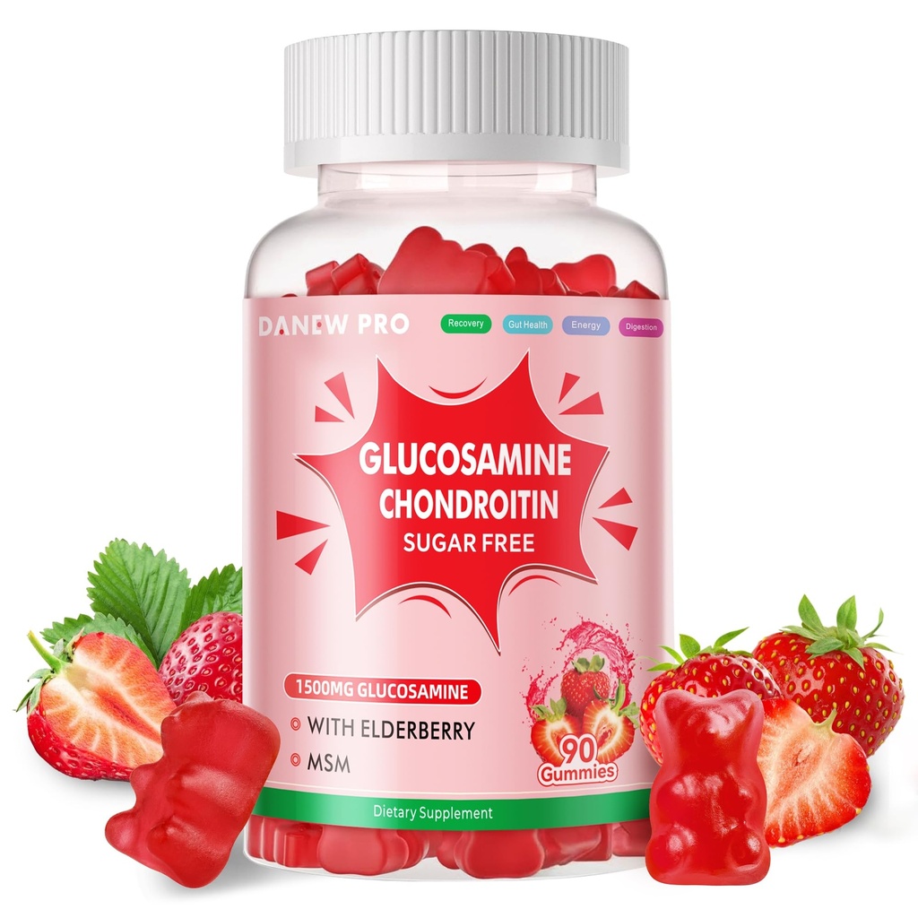 DANEW Pro Glucosamine Chondroitin Gummies med MSM & Elderberry Extra Strength - Gemensamt stöd, Antioxidant Immune Support Supplement för vuxna, Män & Kvinnor.90 Strawberry Gummies