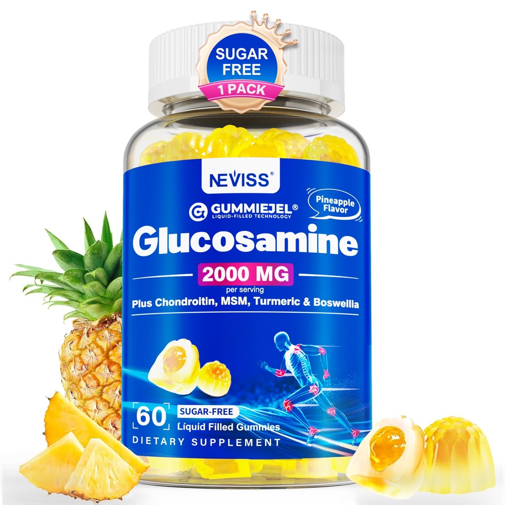 Sugar Free Glucosamine Chondroitin MSM Gummies - Max Strength Mobility Supplement för kvinnor och män w / Glucosamine Sulfate 2000mg, Boswellia, Curcumin & Hyaluronic Acid - Flexibilitetsstöd - 60Cts