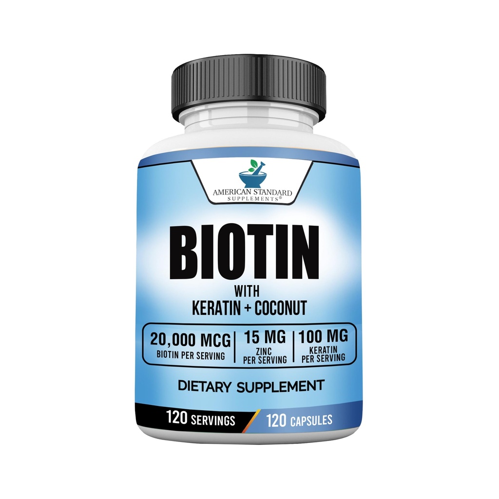American Standard Supplements Biotin 20,000mcg with Keratin, Coconut Powder and Zinc, Biotin Supplement for Women and Men,120 Veggie Capsules, 120 Day Supply