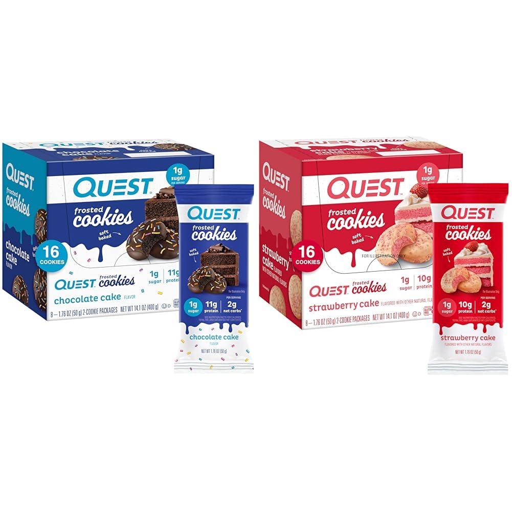 Quest Nutrition Frosted Cookies Twin Pack Bundle, Chocolate Cake 1g Sugar 11g Protein 2g Net Carbs och Strawberry Cake 1g Sugar 10g Protein 2g Net Carbs, Gluten Free, 16 Cookies Varje