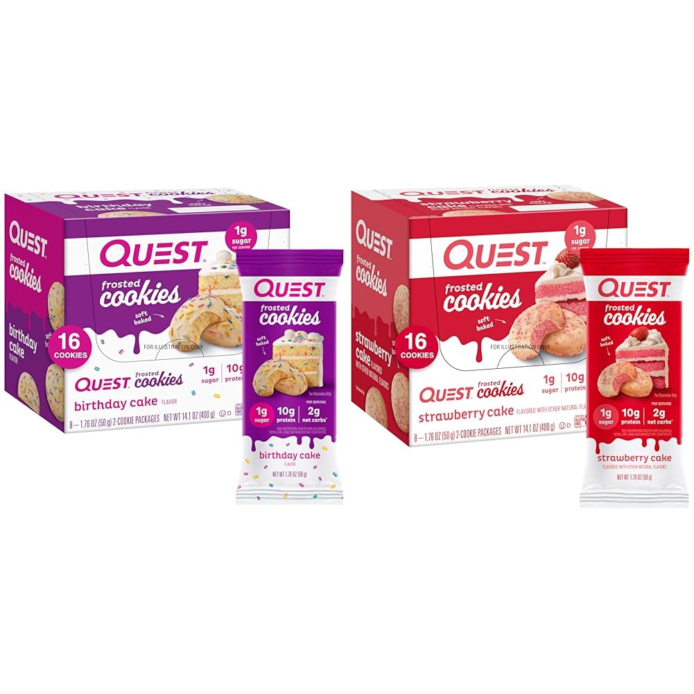 Quest Frosted Cookies Twin Pack med födelsedagstårta 1g Sugar 10g Protein 2g Net Carbs Gluten Free 8 Count och Strawberry Cake 1g Sugar 10g Protein 2g Net Carbs Gluten Free 16 Cookies