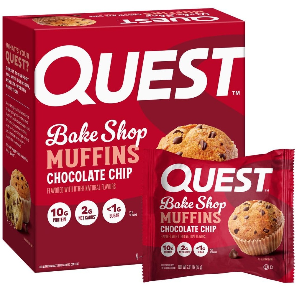 Quest Nutrition Chocolate Chip Muffin, 10g Protein, 2g Net Carb, Mindre än 1g Sugar, Protein Snack, 4 Count