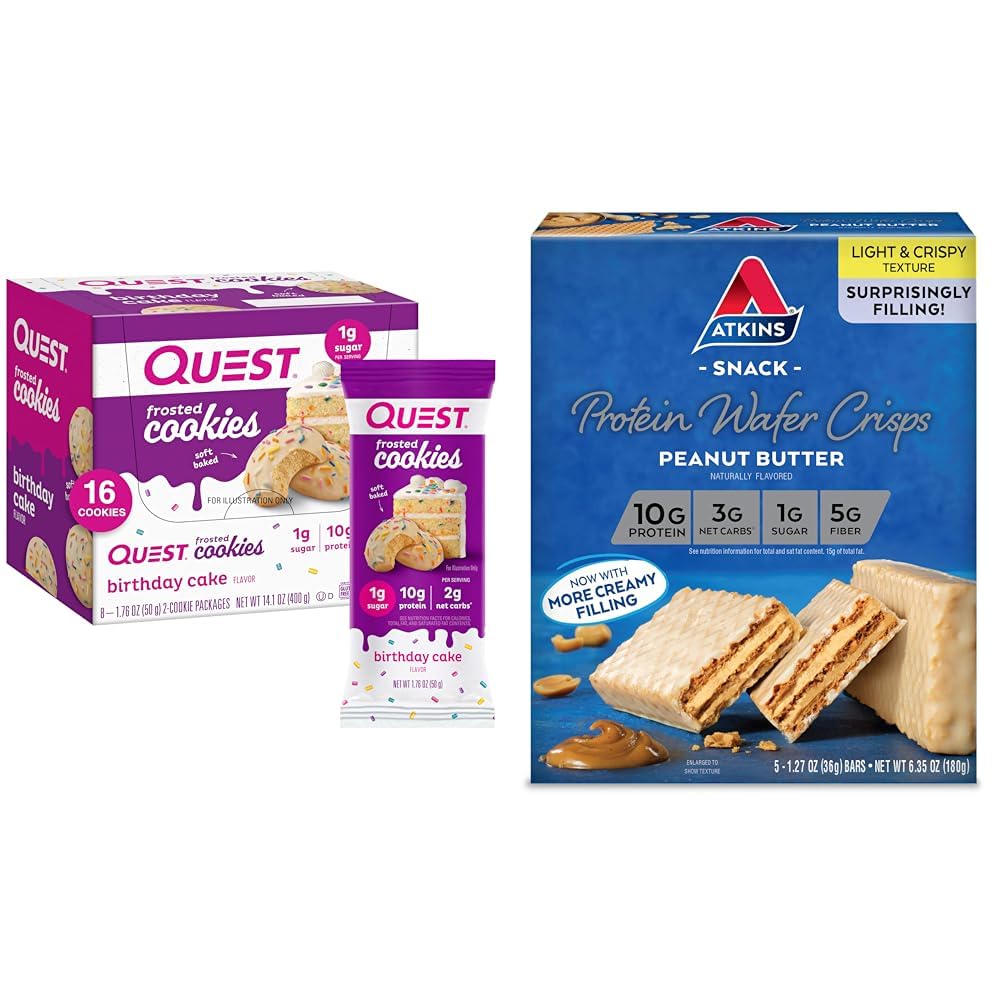 Quest Birthday Cake Frosted Cookies Twin Pack med 16 Cookies och Atkins Peanut Butter Protein Wafer Crisps med 5 Count